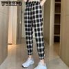 Спортивные брюки женские летние черно-белые клетчатые свободные корсетные брюки-шаровары с высокой талией
