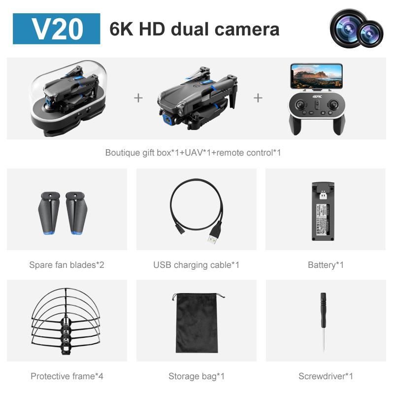 New Mini Drone V20 6K HD Camera RC Helicopter Quadrocopter One-Key Return FPV Follow Me Foldable Quadcopter Boy's Toys Gift