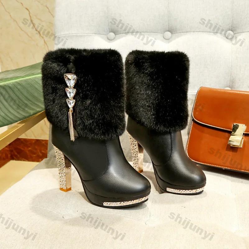 Women Rhine-diamond High Heel Ankle Boots Winter Fashion Pointed Toe Thick Heel New Fashion Dress Chelsea Botas Stilettos Pumps