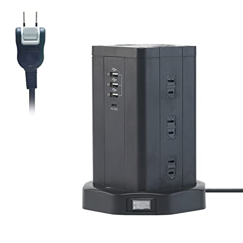 TOP-FLEX Удлинитель-башня с 12 портами переменного тока (110-125В) + 4 порта USB (Макс. 3,4 А / 5 В), Защита от перенапряжения, Защита от перегрузки, Энергосбережение, PSE