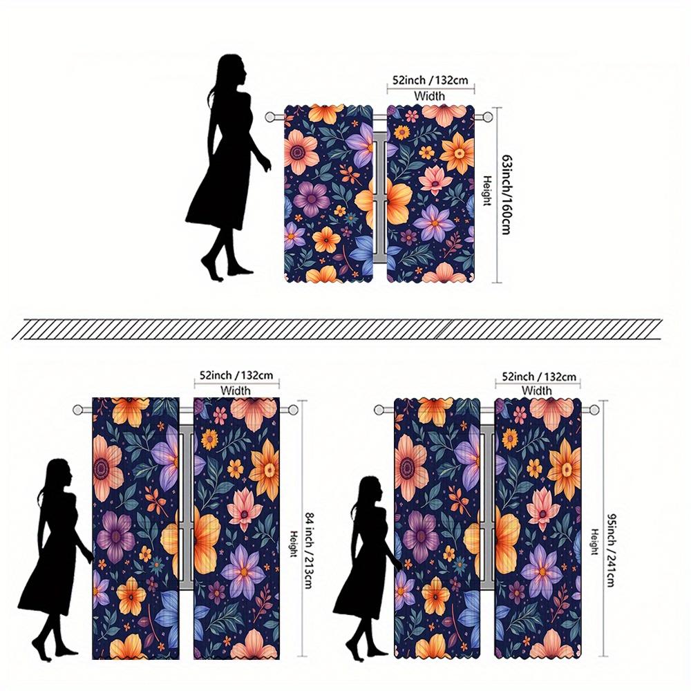 2pcs Floral Curtain Panels - Dark Blue Window Drapes with Orange, Purple, Blue Flowers - Semi-Sheer Light Filtering Window Treat