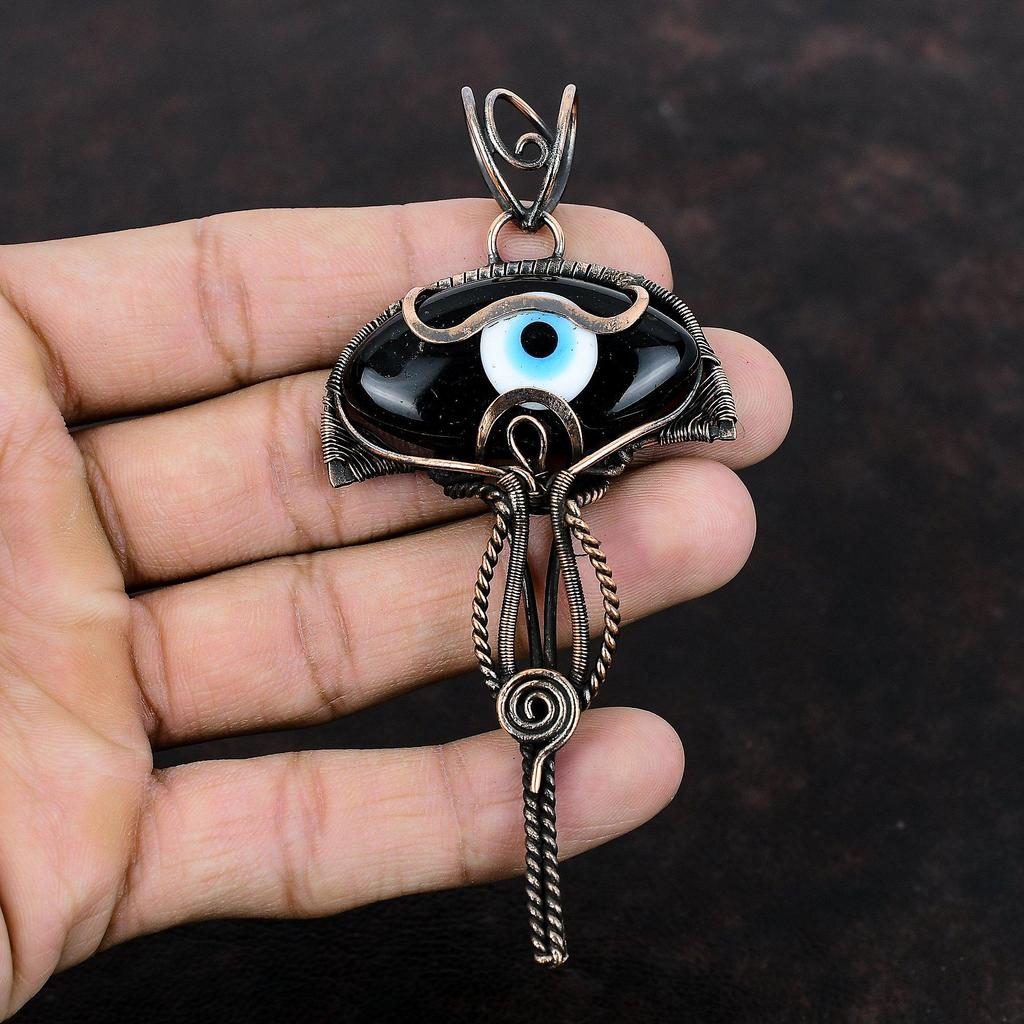 Черный цвет кулон от сглаза, медная проволока, обернутая кулоном, ручная работа, проволока, обернутая ювелирным изделием, драгоценный камень, кулон из меди, ювелирное изделие, подарок для него