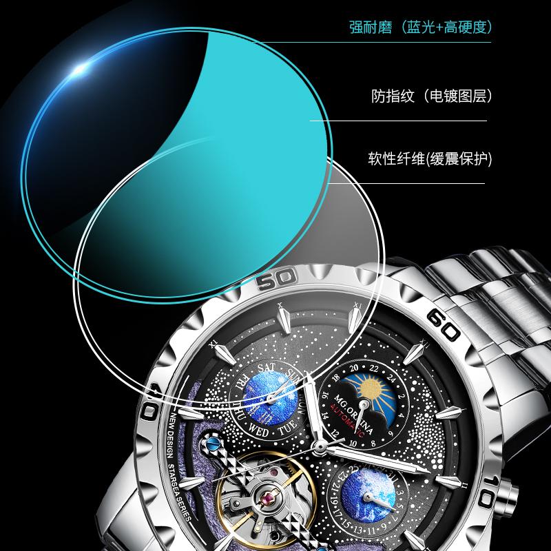 New Men's Stainless Steel Mechanical Watches, 3 ATM Waterproof Luminous Hand Blue Sport Watch, Moon Phase Wrist Watch,Male Clock