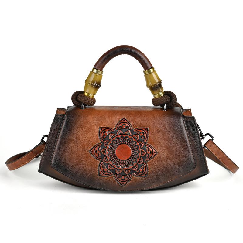 Vintage Embossed Leather Handbags for Women Designer Crossbody Shoulder Bag with Top Handle Chinese Style Handmade Purse 2025