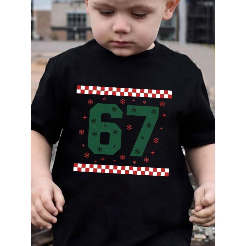 European sizes Summer Boys' Stylish Short-Sleeve T-Shirt for 'Christmas' Featuring a Red And White Checkered Pattern And Snowflake Cartoon Print