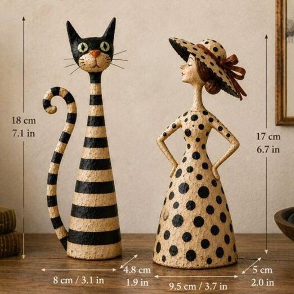 Vintage Cat and Lady Resin Figurines Set, Retro Striped Cat Polka Dot Lady Statue, Home Desktop Decor Ornament