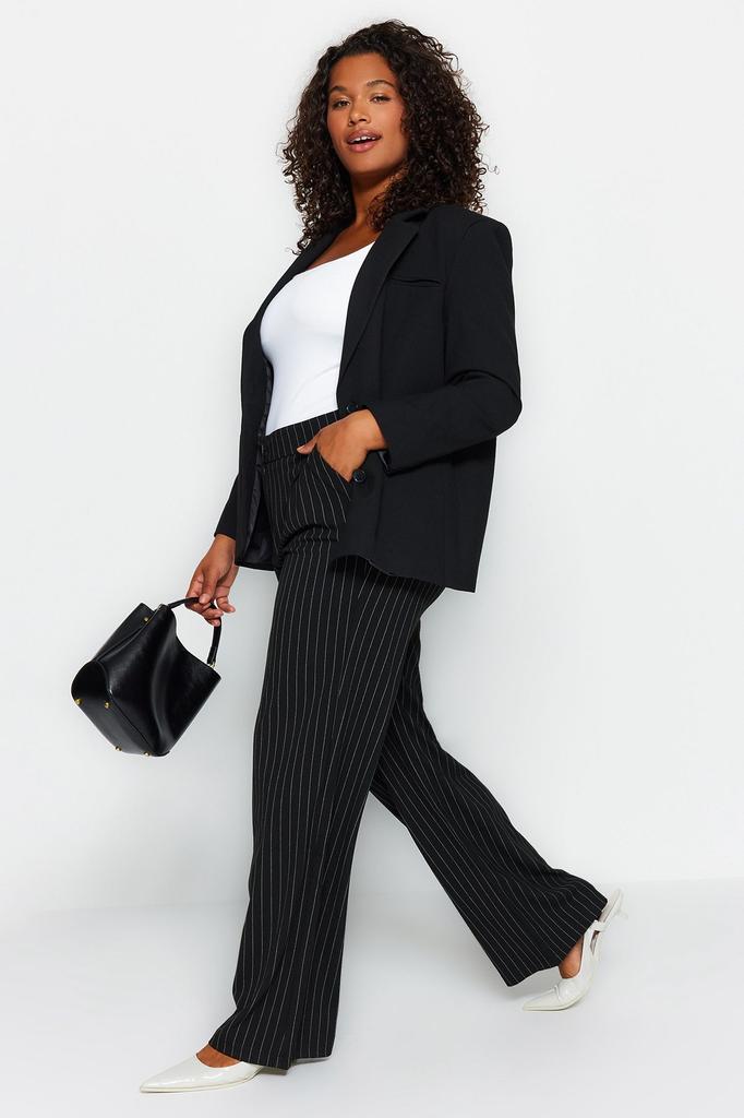 Women's Style Plus Size Black Striped Woven Trousers