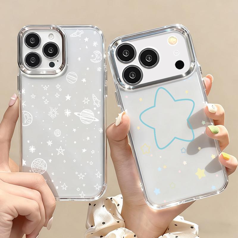 Современный чехол с узором из разноцветных звезд для iPhone 17 Pro Max Позолоченная рамка для камеры Прозрачный мягкий чехол для iPhone 16 15 14 13 Pro Max 11 16E 17E