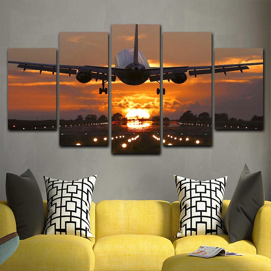 5 Pieces Wall Art Canvas Painting Landscape Poster Airplane In The Sunset Modern Living Room Nordic For Decoration Home