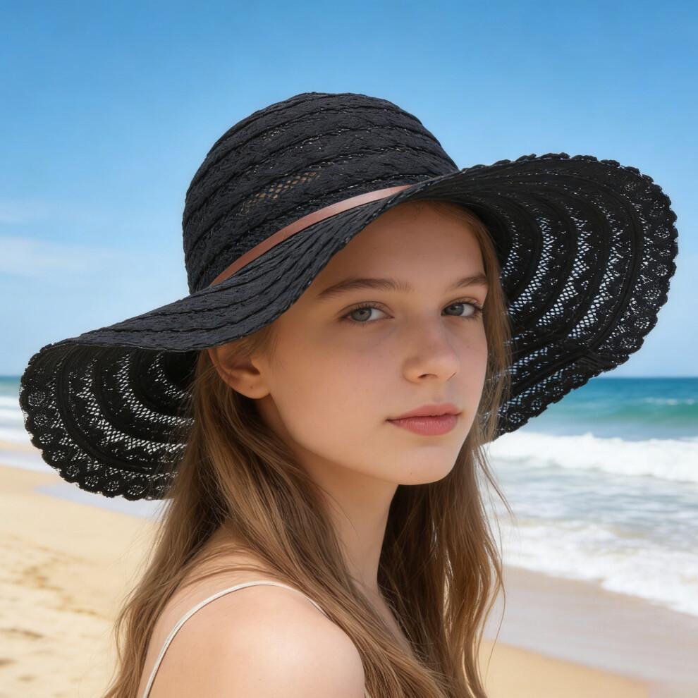 (One Size, Black) Women's Summer Straw Hat Elegant Floppy Wide Brim Beach Cap Lightweight Lace Sun Hat