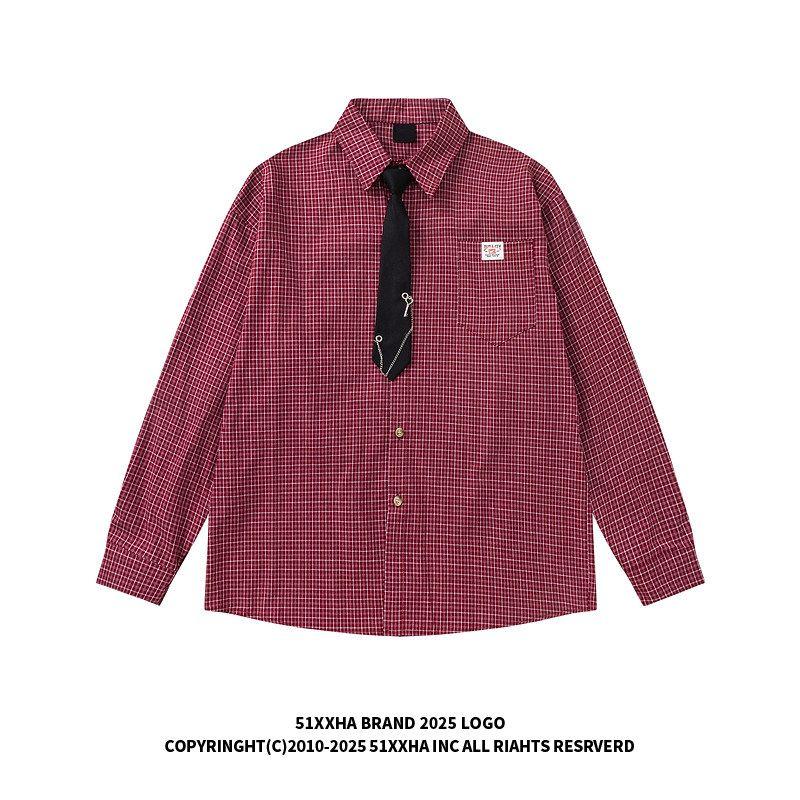 51 Hip-Hop Trendy Brand College Style Tie Plaid Shirt for Men and Women American Style Color-Blocking Vintage Versatile Couple Long-Sleeve Shirt