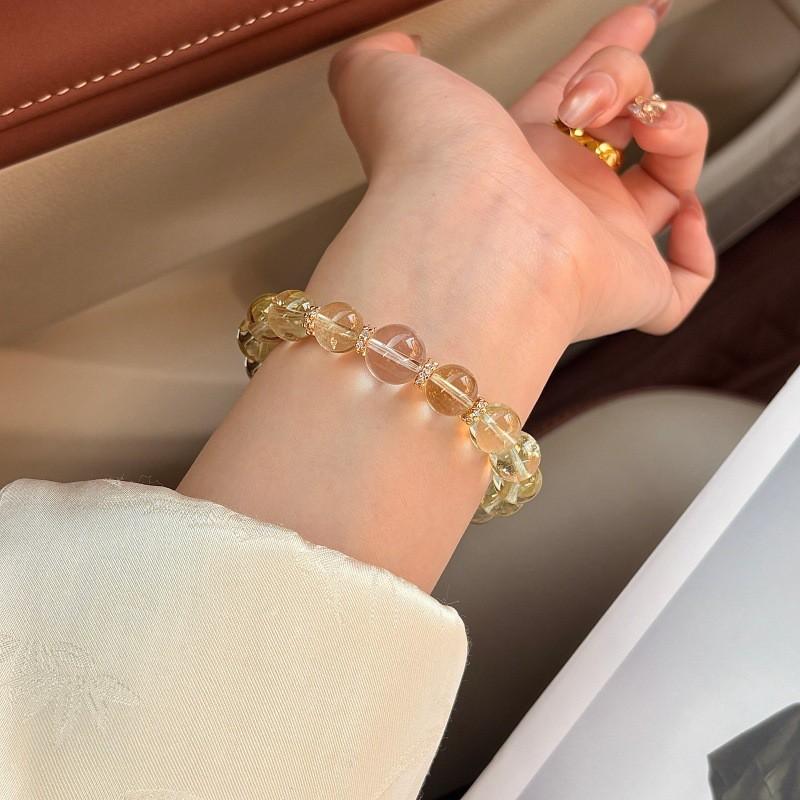 Handmade Natural Citrine Clear Quartz Beaded Bracelet Women Fresh Style Single Circle Design
