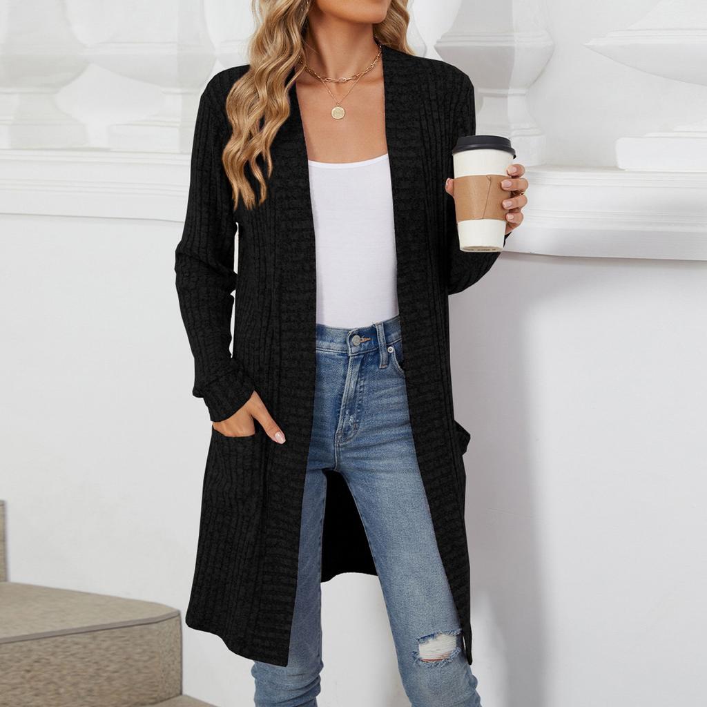 Женский повседневный и модный однотонный кардиган с длинным рукавом и карманами