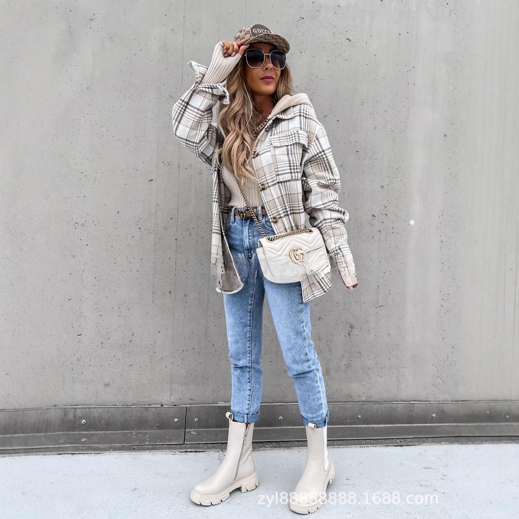 Women's Oversized Plaid Shirt with Hood, Casual Loose Fit Checkered Long Sleeve Top