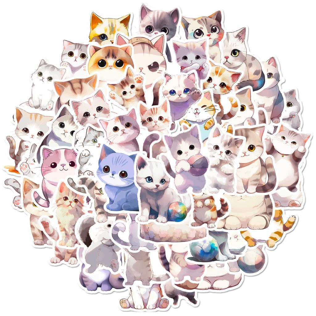 50 наклеек с акварельными кошками, милые мультяшные животные, голова кошки, наклейки с акварельными кошками