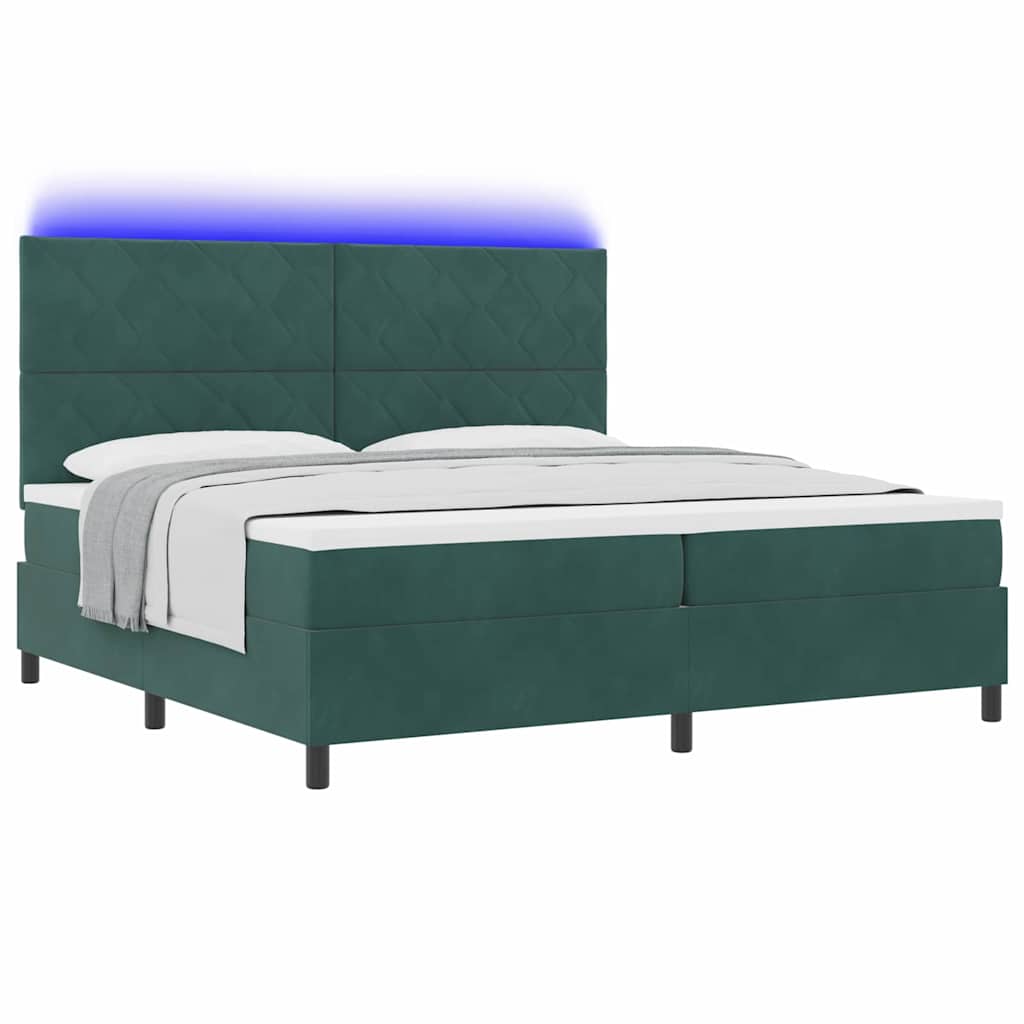 LED Box Spring Bed with Headboard Dark Green 200 x 200 cm Velvet