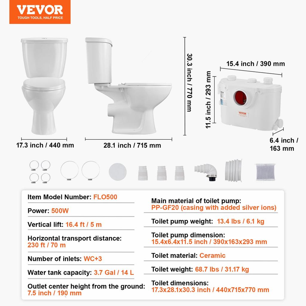 VEVOR Macerating Toilet System with Powerful 500W Macerator Pump, Rear Discharge and Upflush Toilet For Basement, Dual Flush Water Disposal