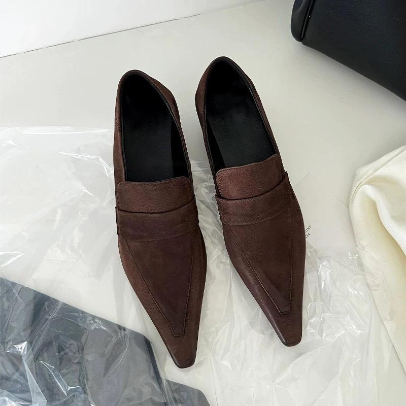 Овчина ретро острый носок темперамент котенок каблук одинарные туфли мелкий вырез профессиональные повседневные маленькие кожаные туфли женские французские толстый каблук лоферы