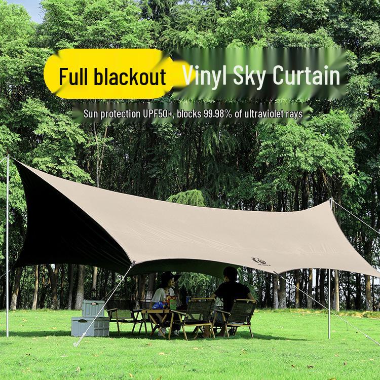 Black Vinyl Outdoor Canopy: Portable, Rainproof, Sun Protective Sunshade for Camping and Beach.