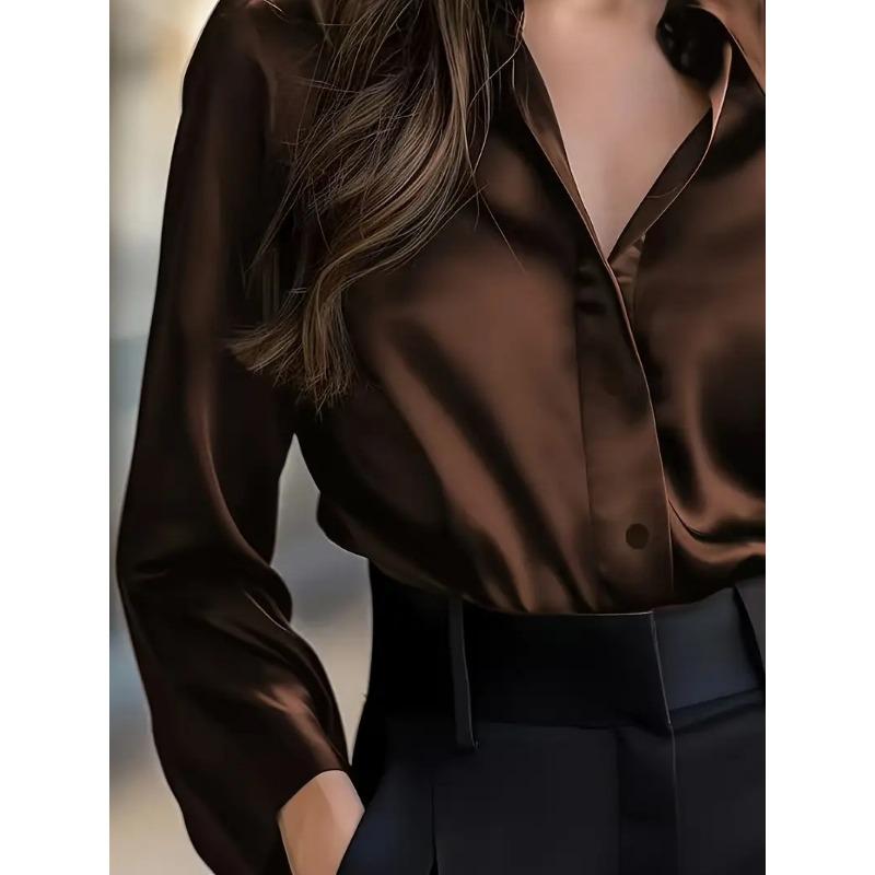 Women S Long Sleeve V Neck Button Down Solid Color Elegant Blouse