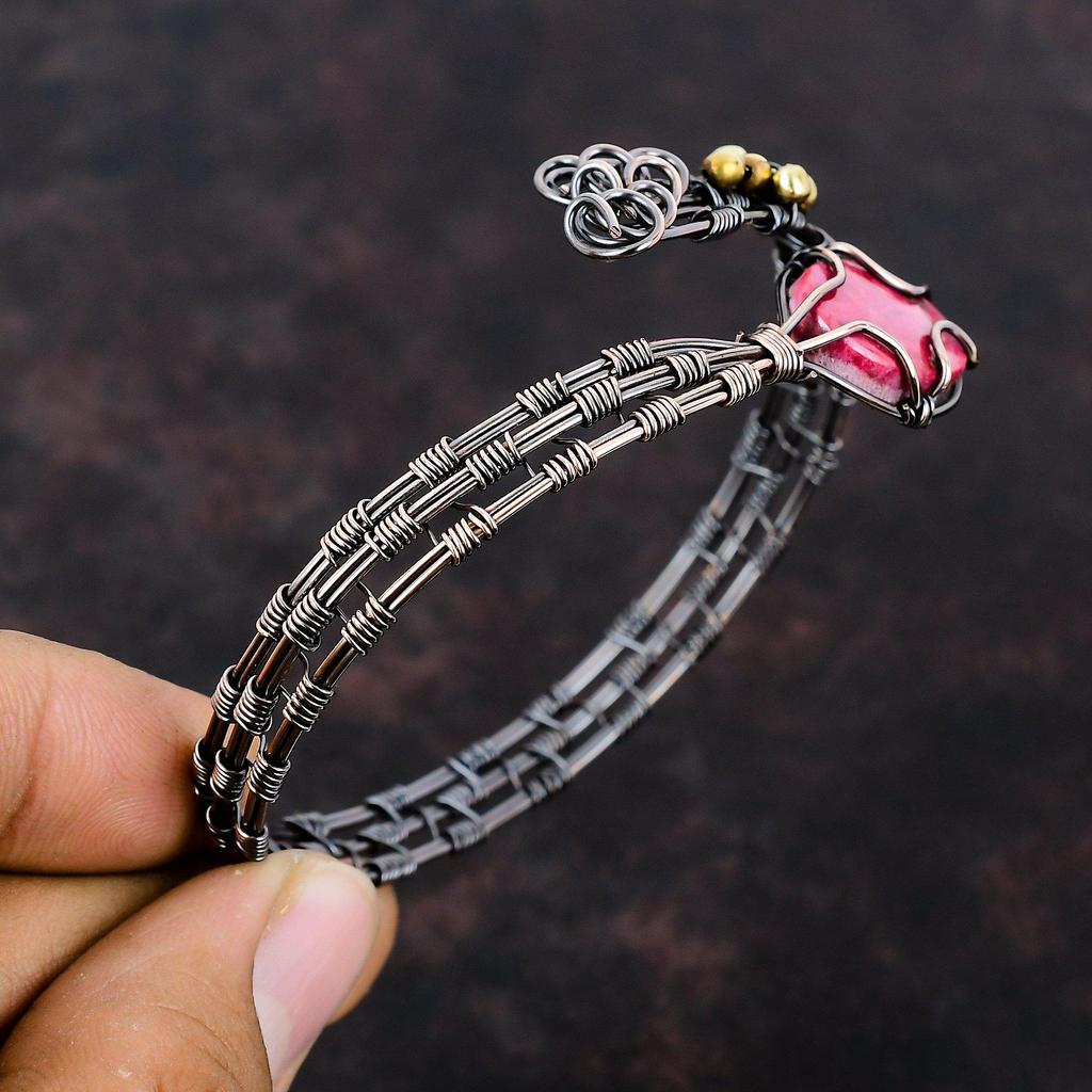 Браслет-манжета из меди тулит, браслет из драгоценных камней, обмотанный медной проволокой, регулируемый браслет для подарка, ювелирные изделия ручной работы, обмотанный проволокой, браслет-манжета