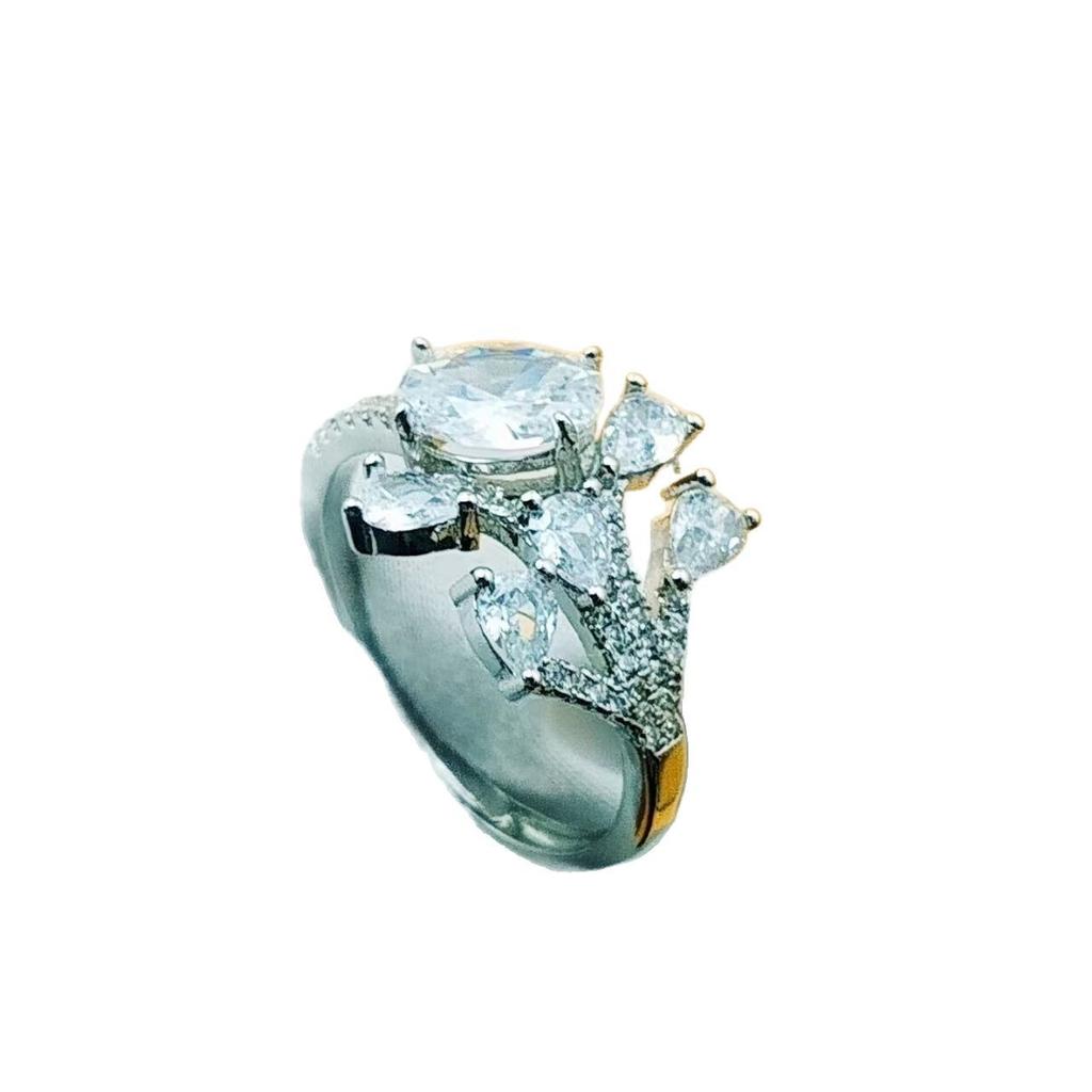 Super Flash Zircon Leaf Open Diamond Ring Female Design Sense Light Luxury Trendy Coconut Amethyst Ring