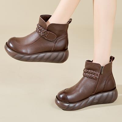 Модные женские ботильоны GKTINOO 6 см из натуральной коровьей кожи, осенние, весенние, этнические ретро мокасины на платформе, танкетке, массивном каблуке