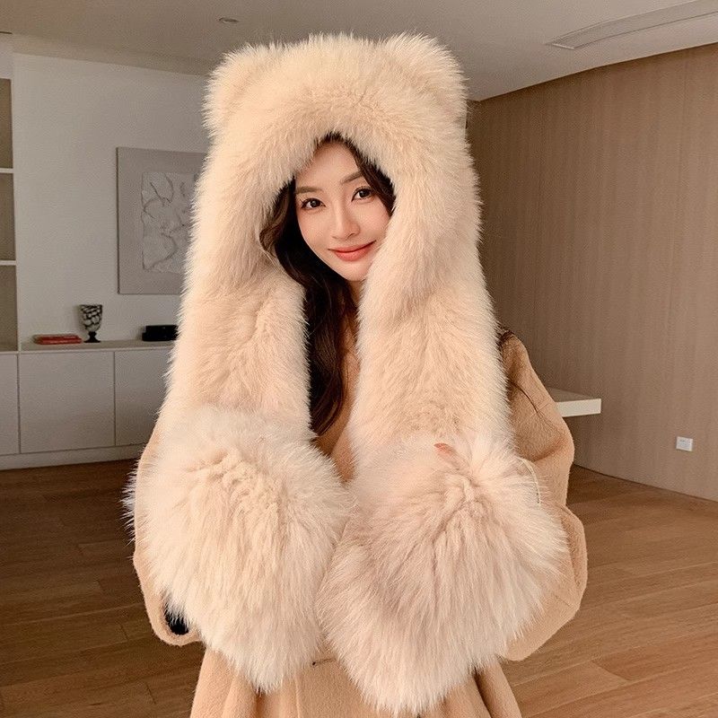 Милая шапка-ушанка из искусственного лисьего меха, шарф и перчатки, набор из трех предметов, меховая зимняя теплая шапка-шарф для женщин