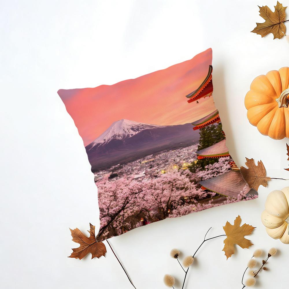 Japanese Cherry Blossom Fuji Mountain Sunset Cushion Cover Washable Linen Pillowcase Soft for Daily Sofa Bed Home Room Decor