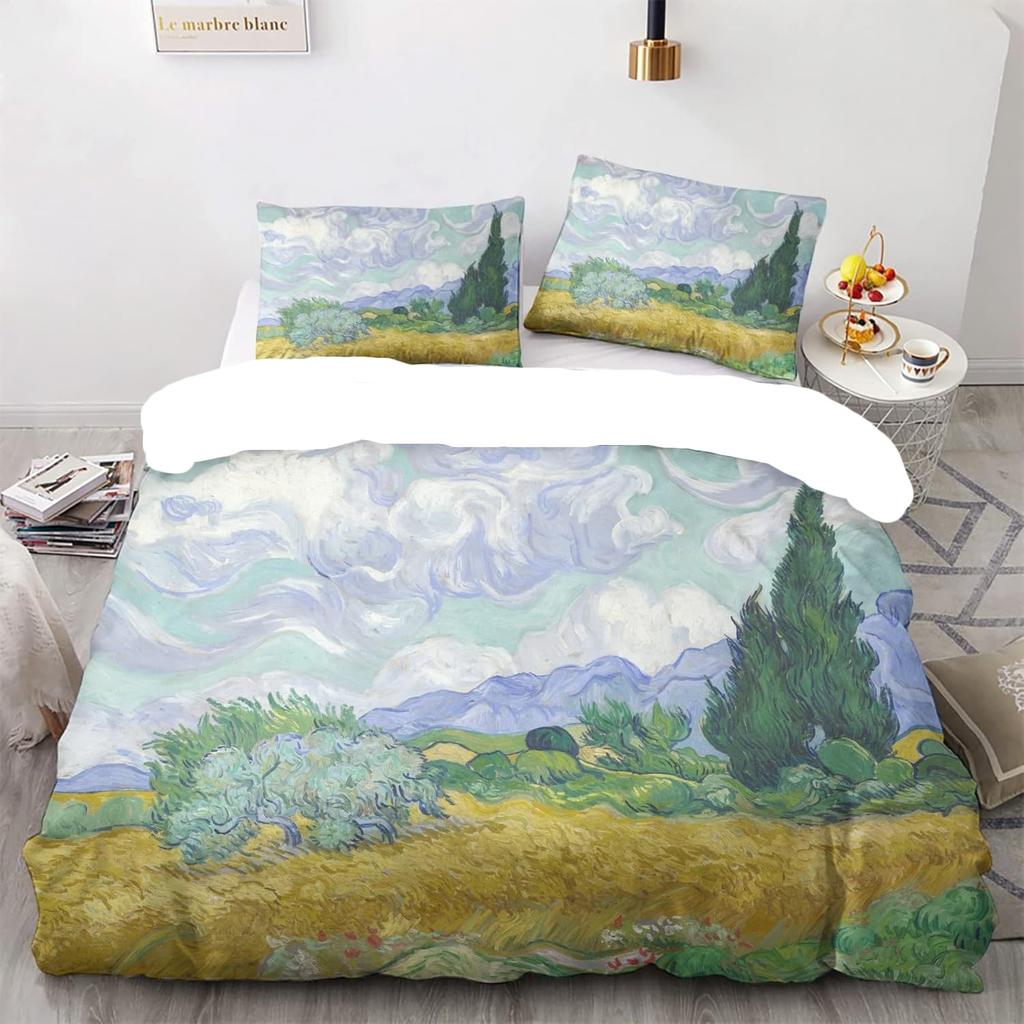 Пододеяльник размера «Квин» Ван Гог «Цветущий абрикос» Комплект постельного белья с 2 наволочками Узорчатый пододеяльник Мягкая легкая микрофибра