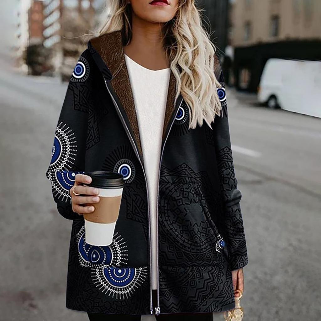 Женская повседневная верхняя одежда, зимнее теплое пальто с ретро-принтом и карманами на молнии с капюшоном, толстое пальто больших размеров