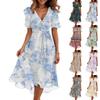 Women's Fashion Casual V Neck Short Sleeve Ruffled Vintage Printed Dresses