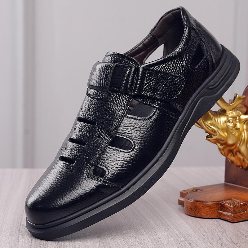 First Layer Cowhide Sandals Men'S Leather Hole Leather Shoes Hollow Breathable Dad Shoes Bag Head Leather Sandals