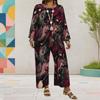 Women Plus Size Round Neck Long Sleeve Printed Layered Top Wide Leg Cropped Pants Two Piece Set
