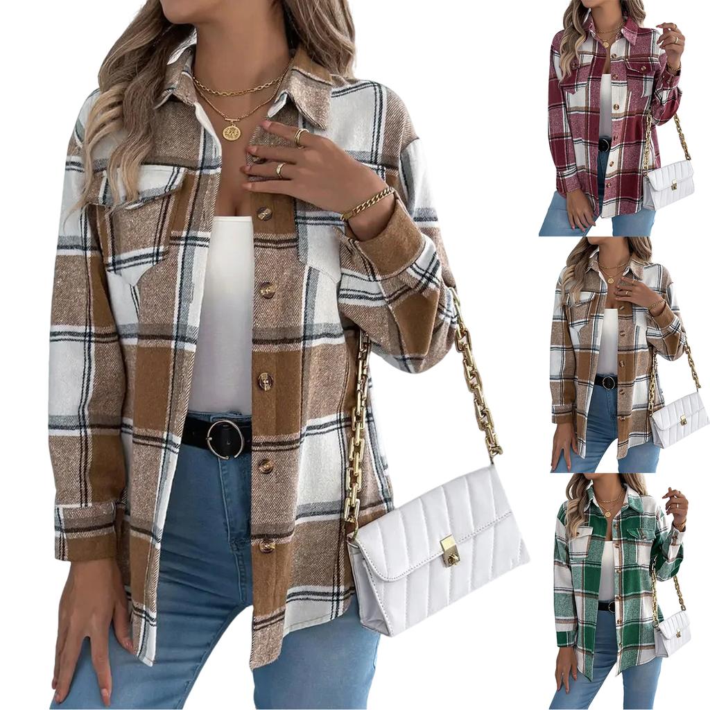 Women's Casual Plaid Fake Pocket Long-sleeved Woolen Mid-length Coat