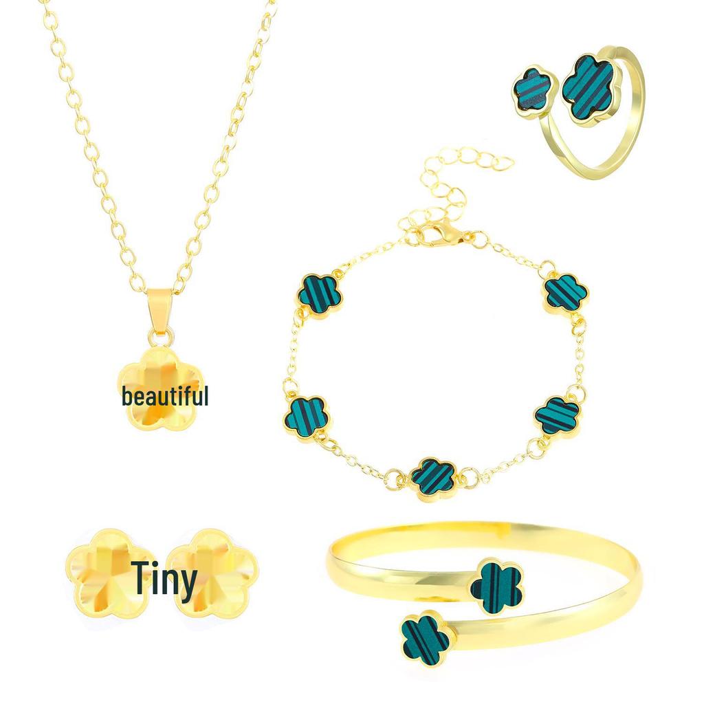 Комплект украшений «Цветок на удачу»: Браслет, серьги, ожерелье и кольцо с пятилистным клевером для женщин.