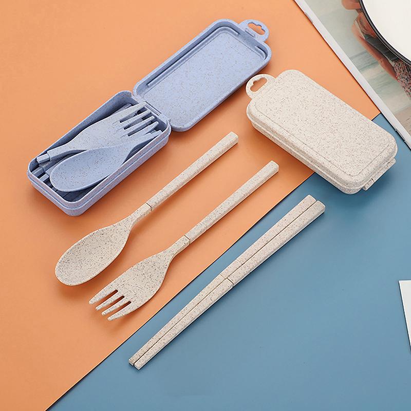 3-Piece Eco-Friendly Cutlery - Portable Dining Kit with Carrying Case- Wheat Straw Spoon/Fork/Chopsticks
