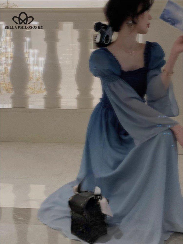 Французское винтажное платье миди, женское повседневное вечернее платье с длинным рукавом, элегантное синее весеннее пляжное цельное платье, корейская мода