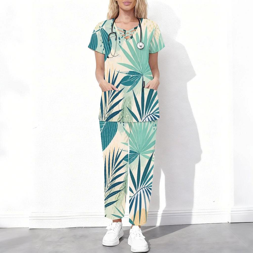Women Plus Size Tropical Leaf Print Scrub Set Cutout Neck Short Sleeve Top With Pockets Long Pants