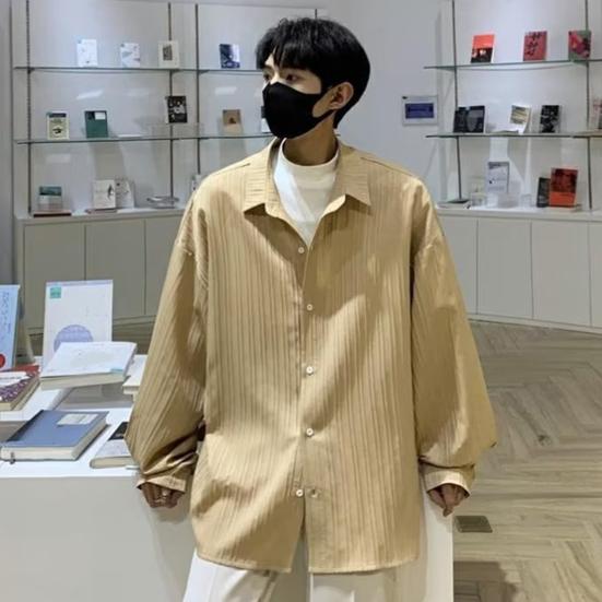 Мужская рубашка свободного кроя, однотонный кардиган с отложным воротником, однобортный, осенне-весенний топ, рубашка средней длины в уличном стиле