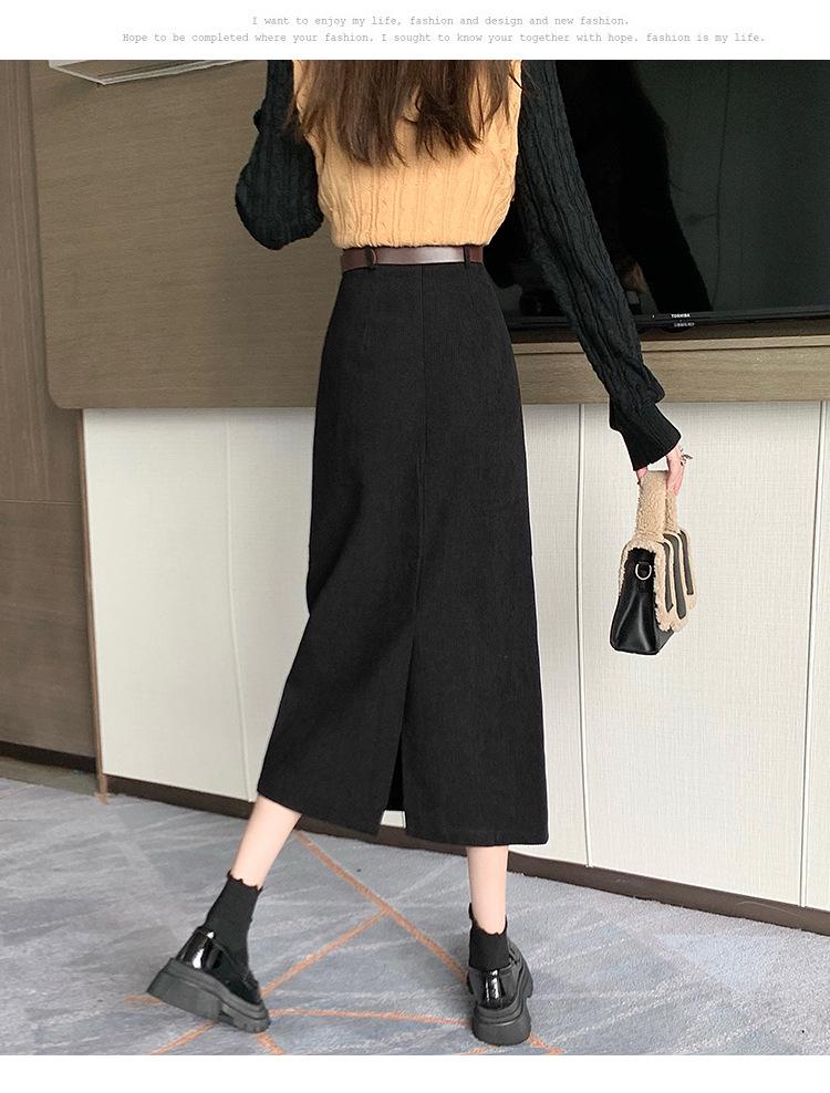 Женская вельветовая ретро осенне-зимняя приталенная прямая юбка с разрезом сзади