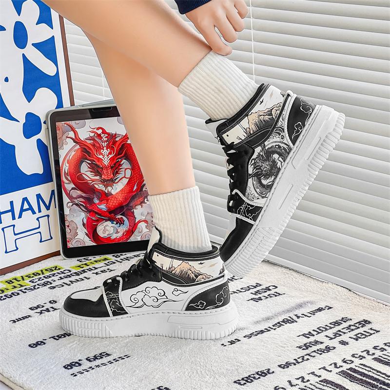 Модные китайские красные драконы мужские скейтбордные туфли модные кожаные повседневные спортивные туфли для мужчин уличные высокие кроссовки на платформе женские