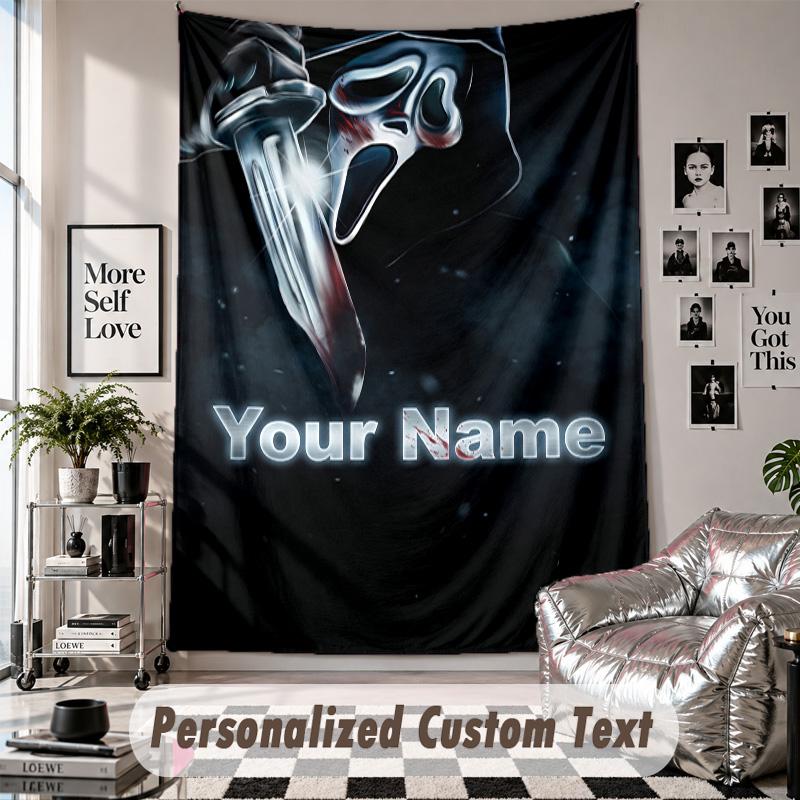Custom Tapestry Wall Hanging, Scream Ghostface Personalized Name Text Home Wall Decor