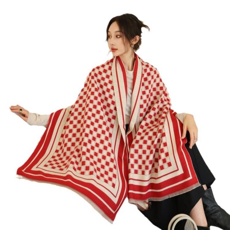 Autumn and Winter Scarf Women's New Imitation Cashmere High-end Checkerboard Shawl Scarf Dual-purpose Thickened Warm Scarf