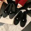 Cashmere Version~ Pearl Velvet Bow Winter Velvet Warm Single Shoes Women's French Flat Mary Jane Shoes Ladyshoes