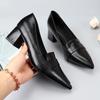 Черные кожаные туфли на среднем каблуке с грубым каблуком, женские рабочие туфли, одинарные туфли