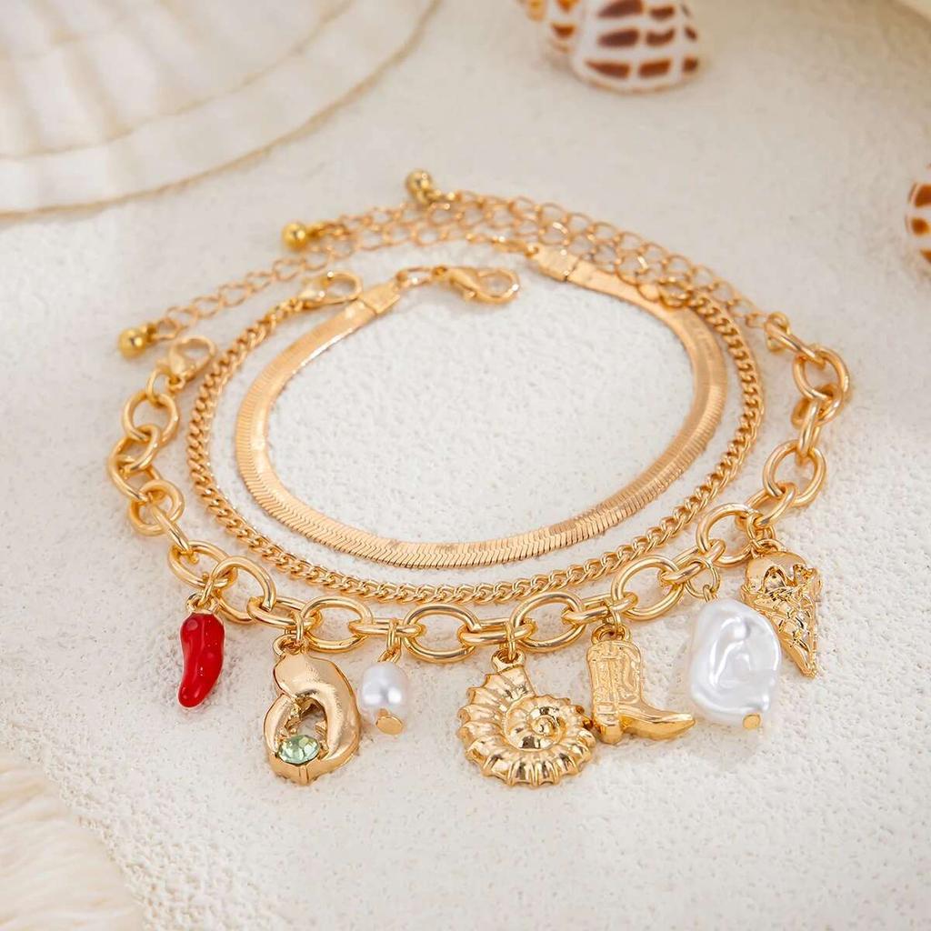 Ingemark 3Pcs/Set Boho Conch Boot Chili Pendant Bracelets for Women Trend 2026 Vintage Charm Chain Bangles Couple Jewelry Gift