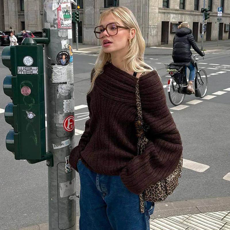 Свитер с открытыми плечами для женщин, осень-зима, свободный, с длинным рукавом, вязаный, женский, уличный, повседневный, большой, топ, пэчворк, свитера для поездок на работу, женские