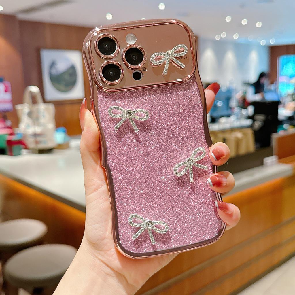 For iPhone 16 Pro Case Electroplated Wavy Frame Glitter TPU Phone Cover with Rhinestone Bow Decor