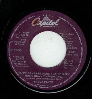 7-дюймовая пластинка FREDA PAYNE - Happy Days Are Here Again / Happy M 4631 Capitol Records 1978 Канада Соул/Фанк Б/У